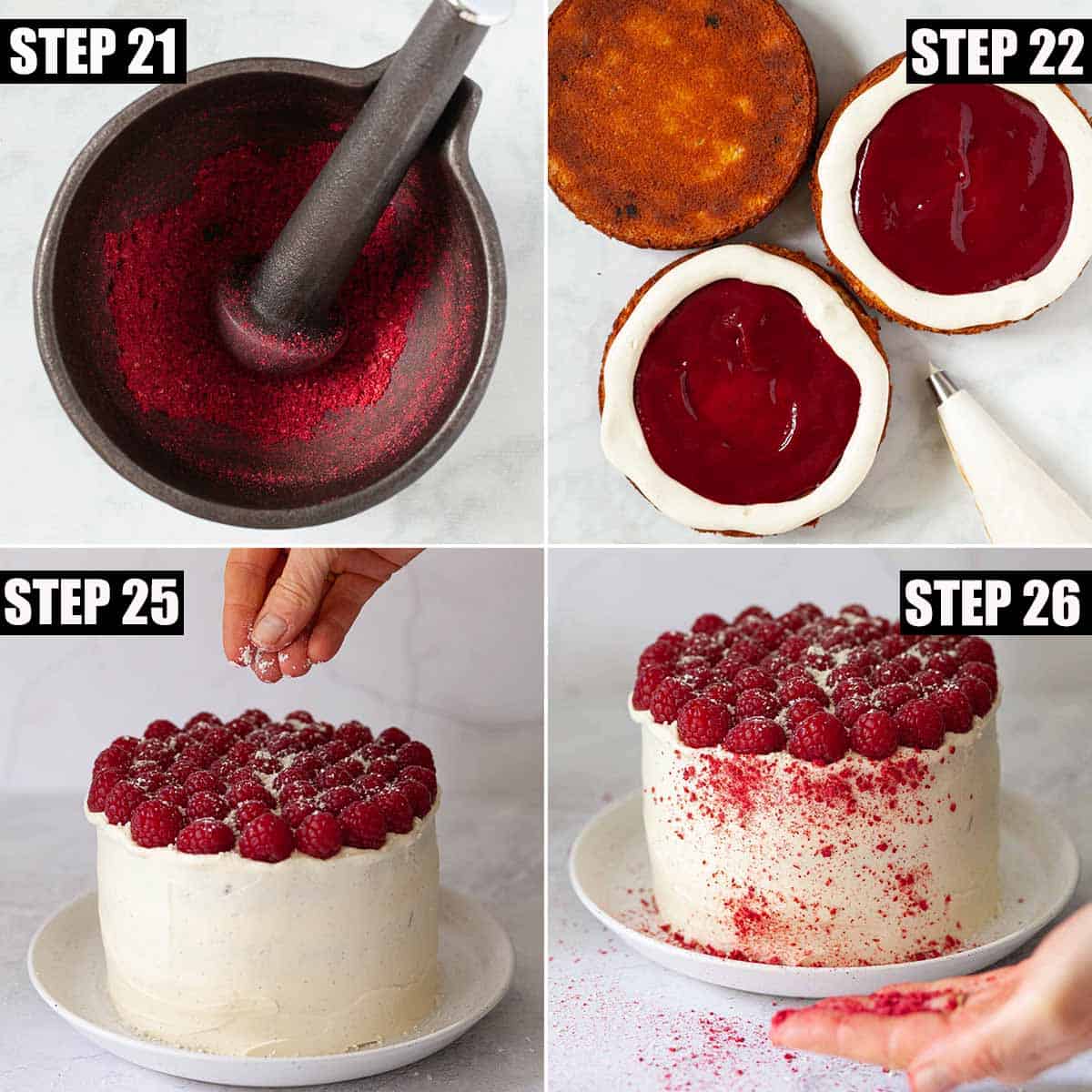 Collage of images showing a white chocolate and raspberry cake being assembled and decorated.