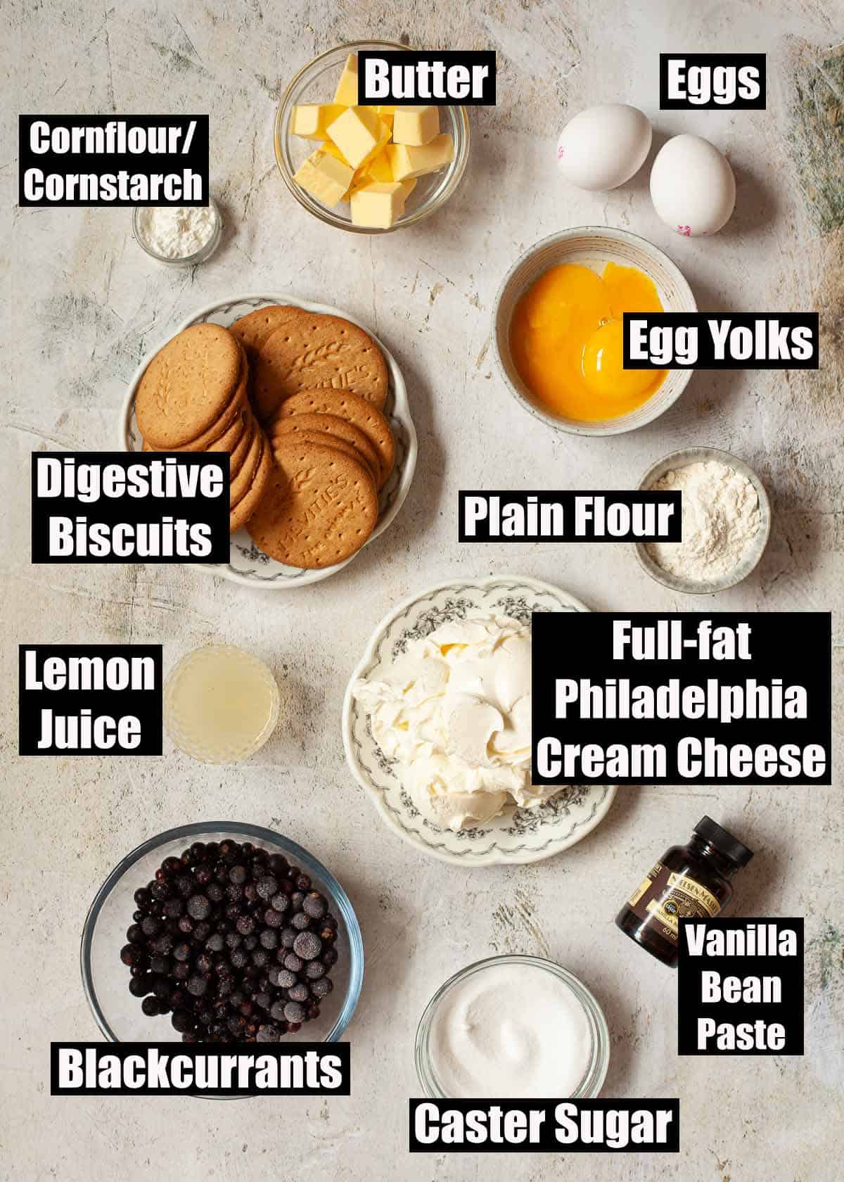 Labelled ingredients for a blackcurrant cheesecake.