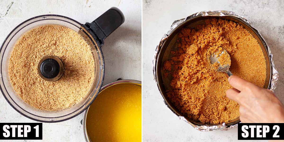 Collage of images showing cheesecake crust being made from biscuits.