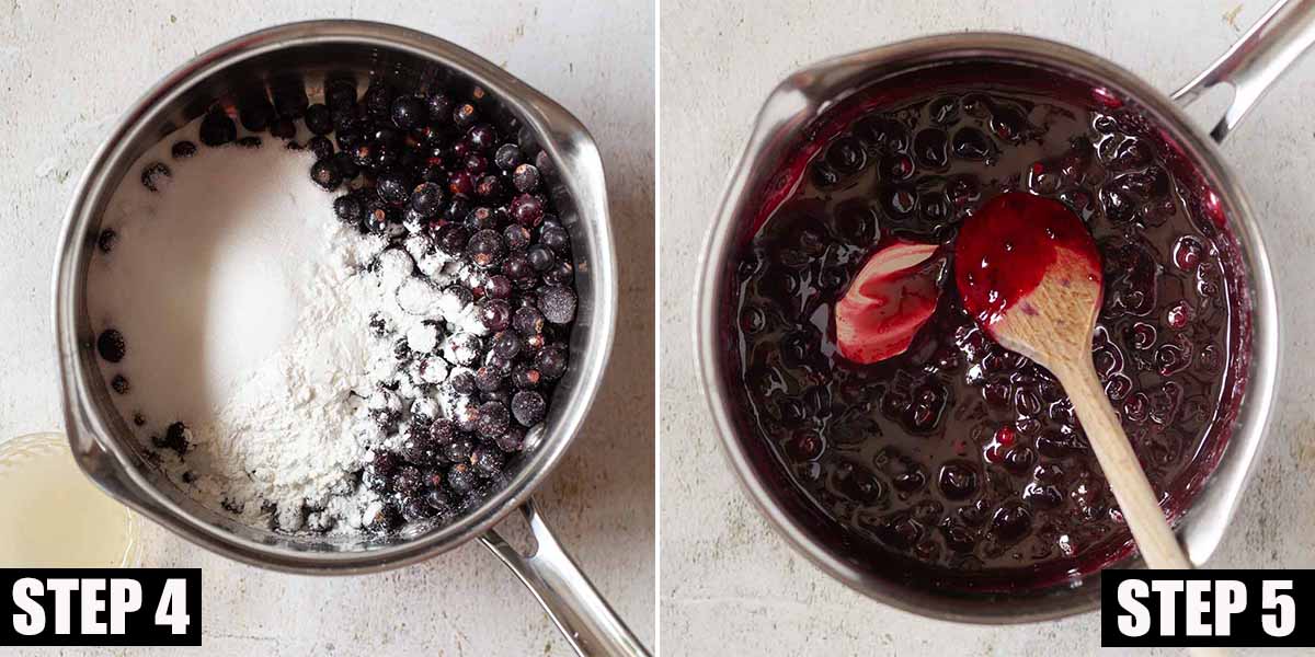 Collage of images showing blackcurrant compote being made.