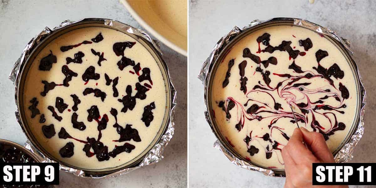 Collage of images showing a marbled cheesecake being assembled in a baking tin.