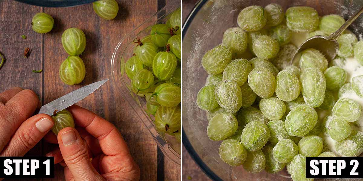 Collage of images showing gooseberries being topped, tailed and mixed with sugar.