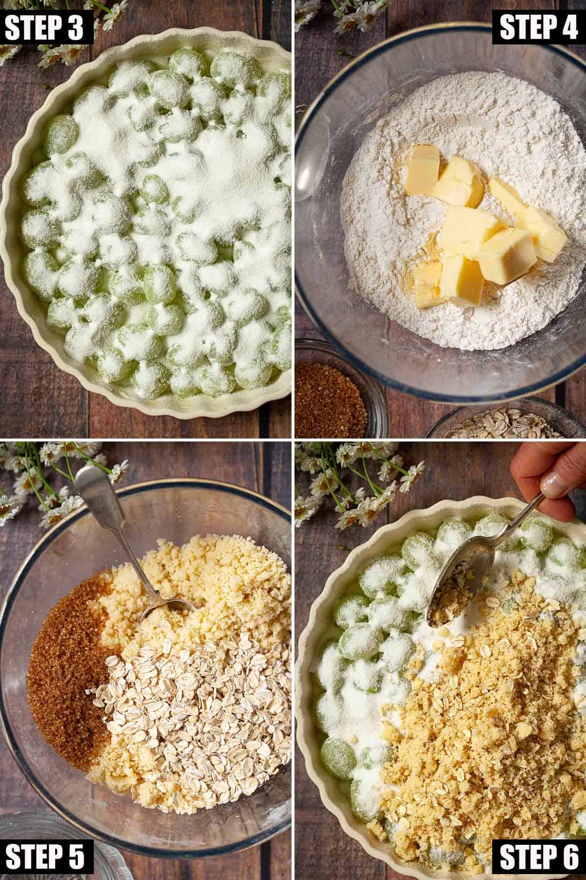 Collage of images showing gooseberry pudding being made.