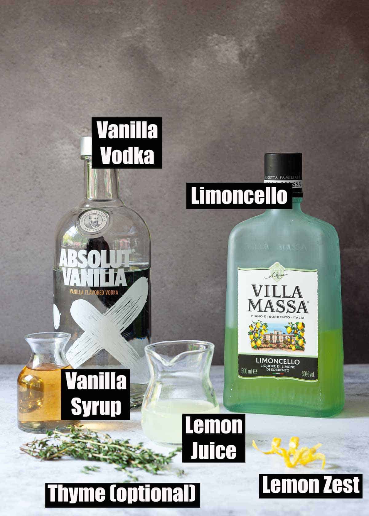 Labelled ingredients for a limoncello cocktail.