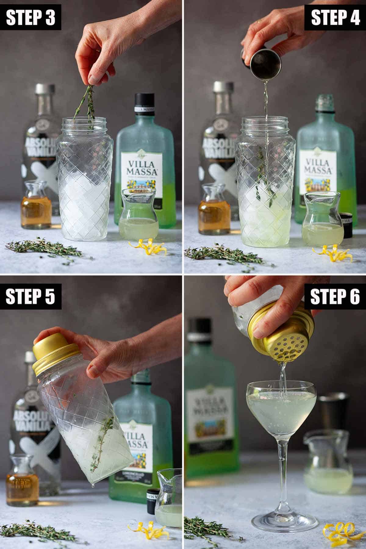 Step-by-step collage of images showing a limoncello cocktail being made.