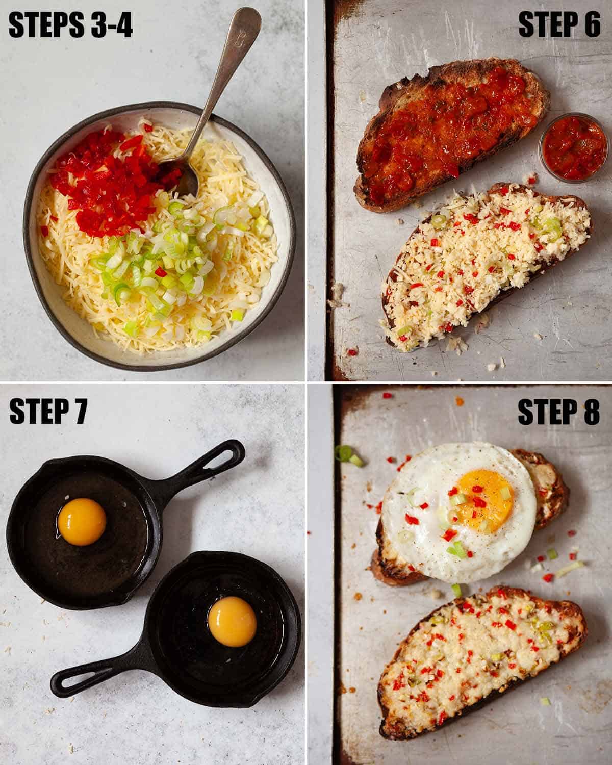 Collage of images showing chilli cheese toast being prepared.