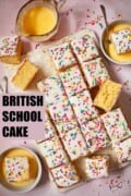 Labelled image of school sponge cake cut into squares and served with custard.