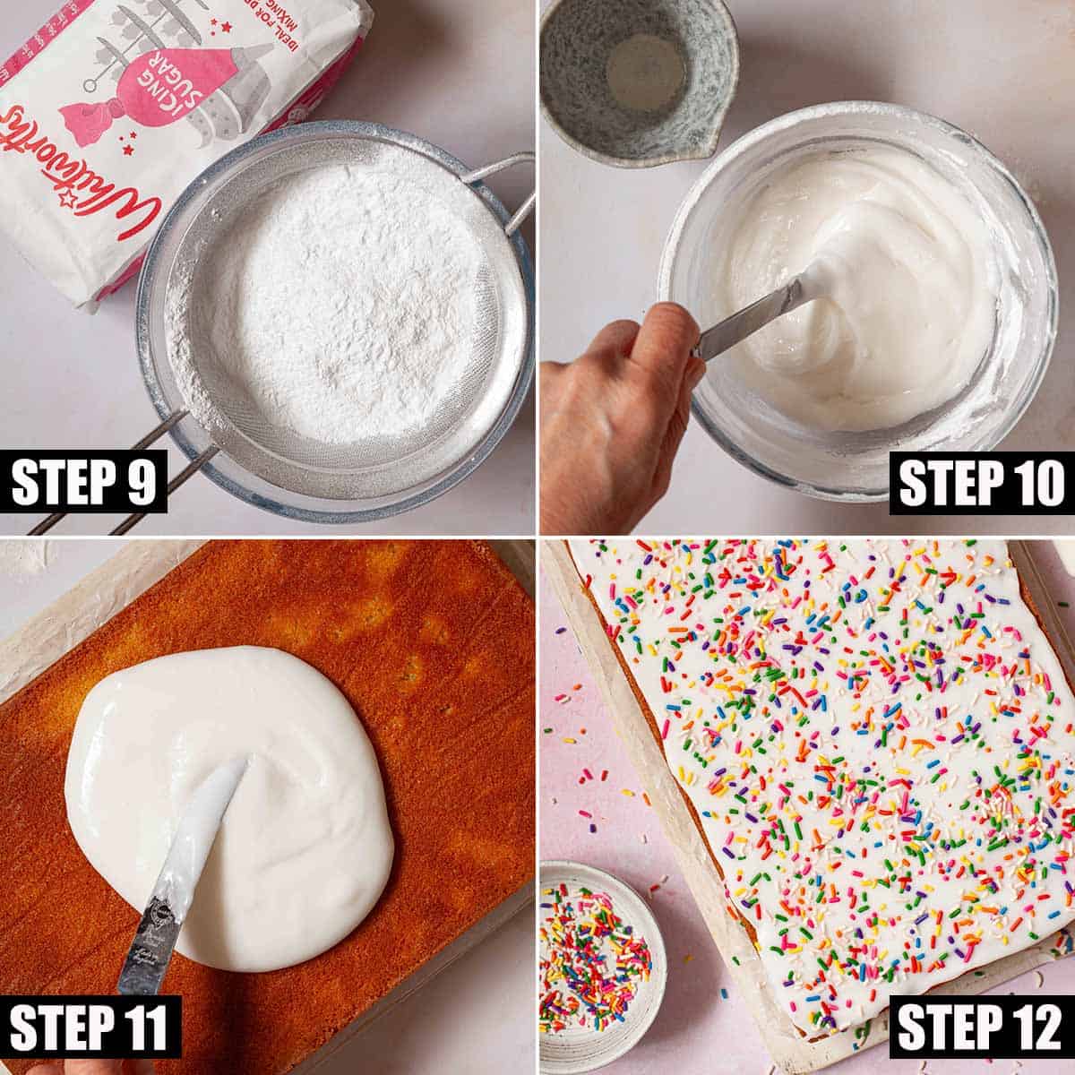 Collage of images showing a hundreds and thousands cake being decorated with icing and sprinkles.