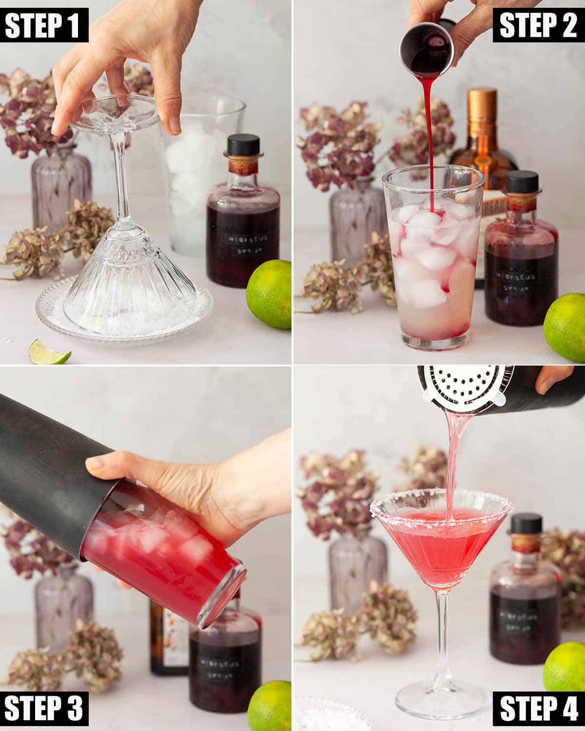 Collage of images showing a hibiscus syrup margarita being made.