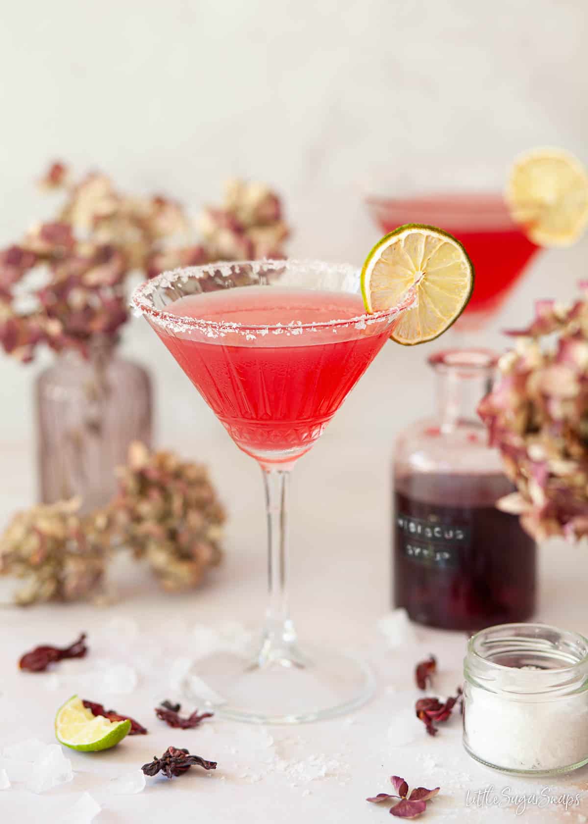 A hibiscus cocktail presented in a salt rimmed glass with a wheel of dried lime on the side.