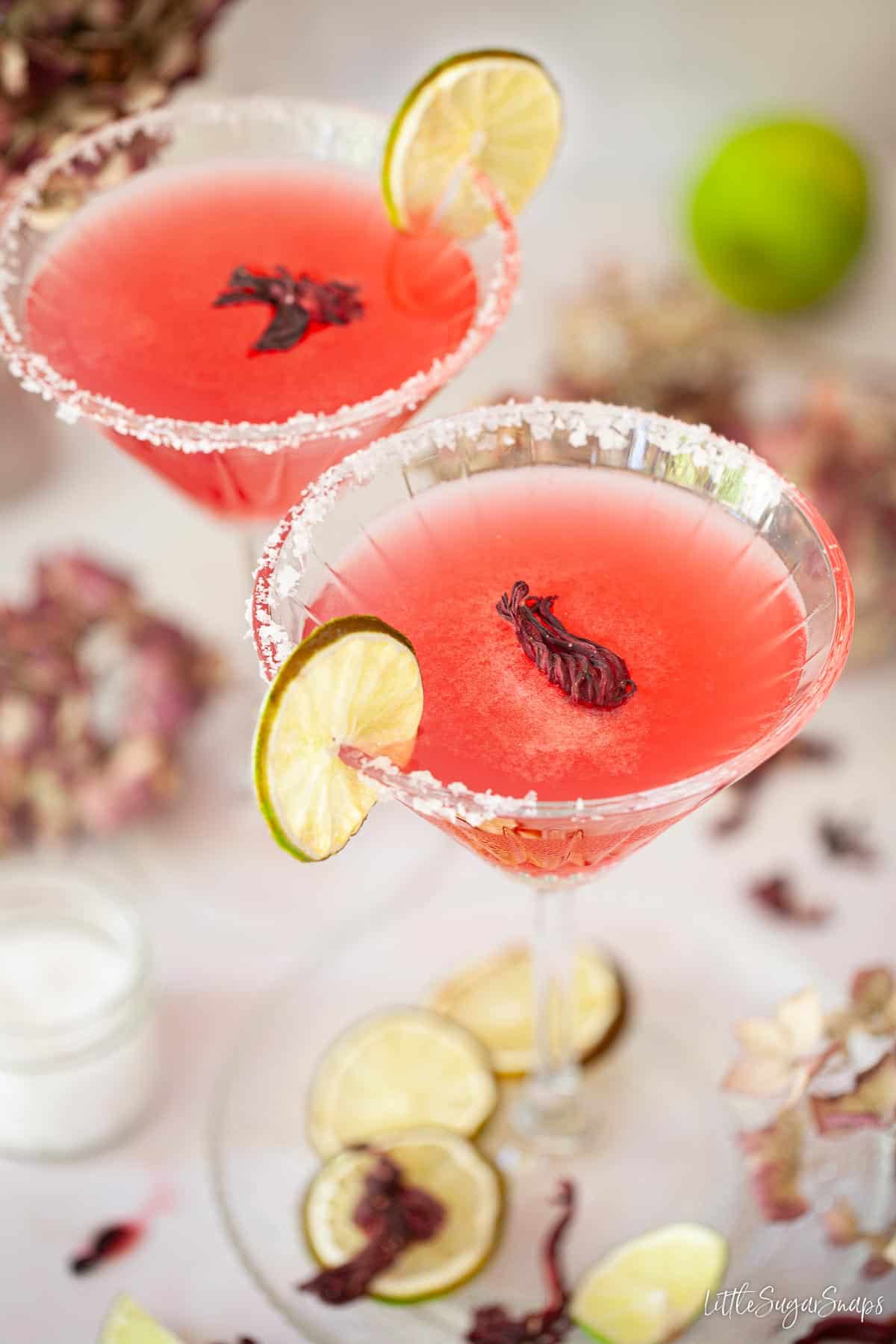 Two hibiscus cocktails garnished with salt, dried lime and dried hibiscus flowers.