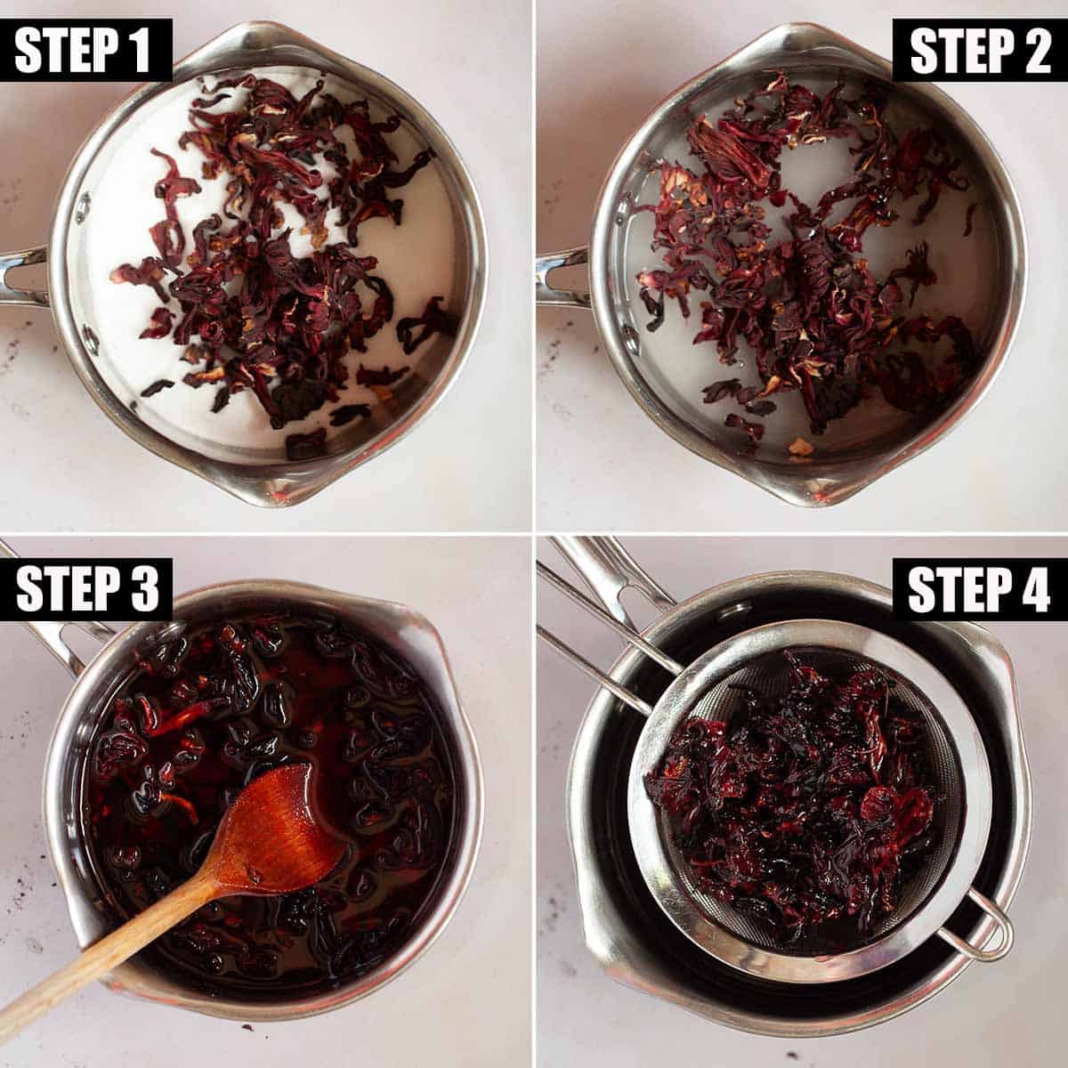 Collage of images showing hibiscus syrup being made.