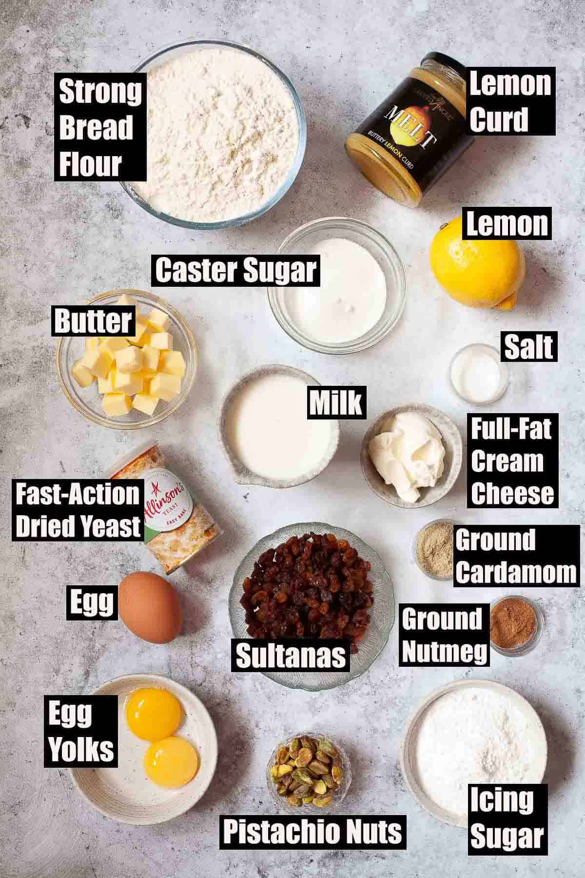 Labelled ingredients for lemon rolls.