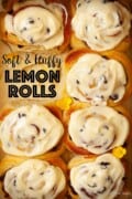 A tray of freshly baked lemon rolls with text overlay.