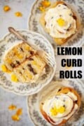 Lemon rolls on plates with text overlay.