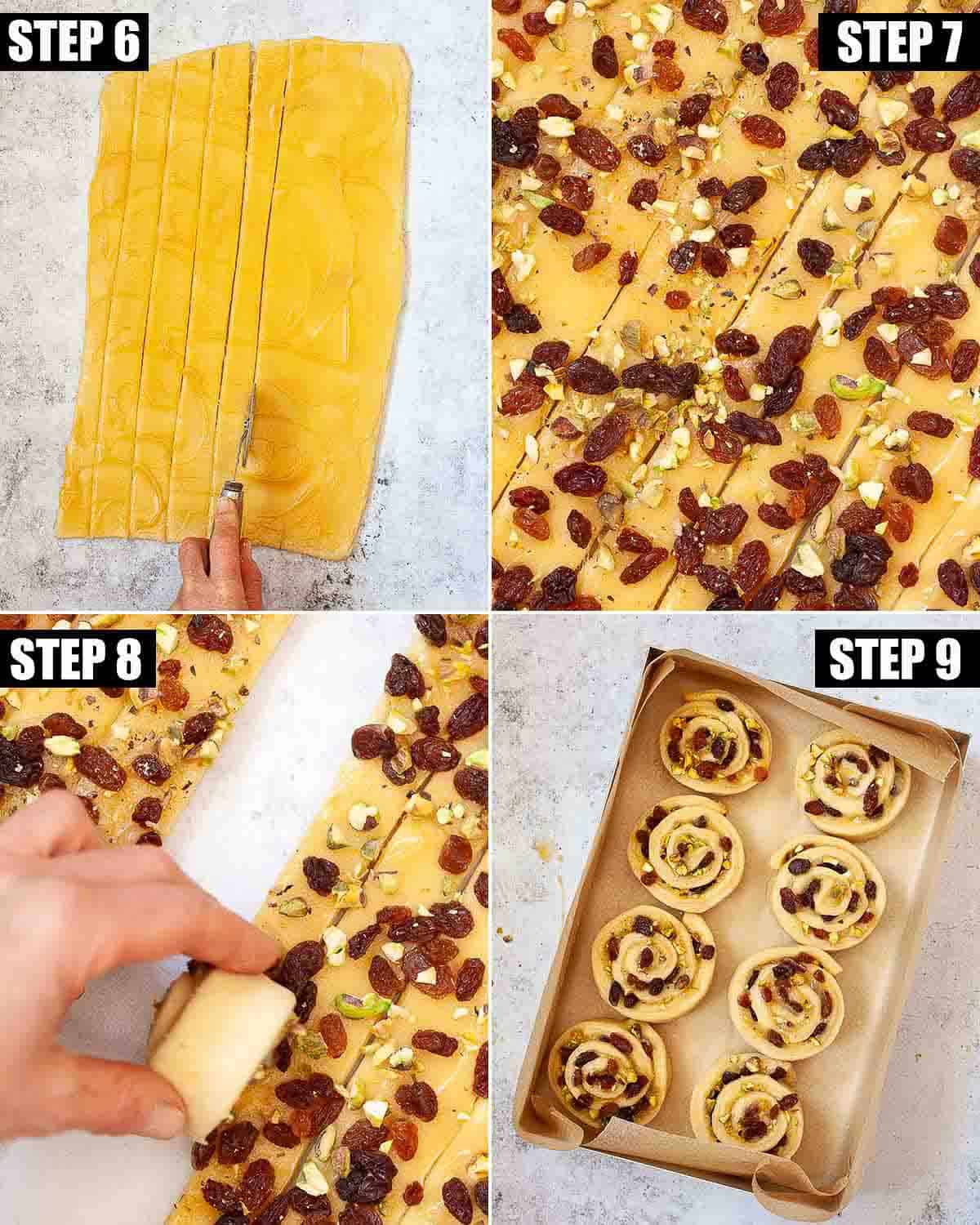 Collage of images showing dough for lemon rolls being filled and rolled into spirals.