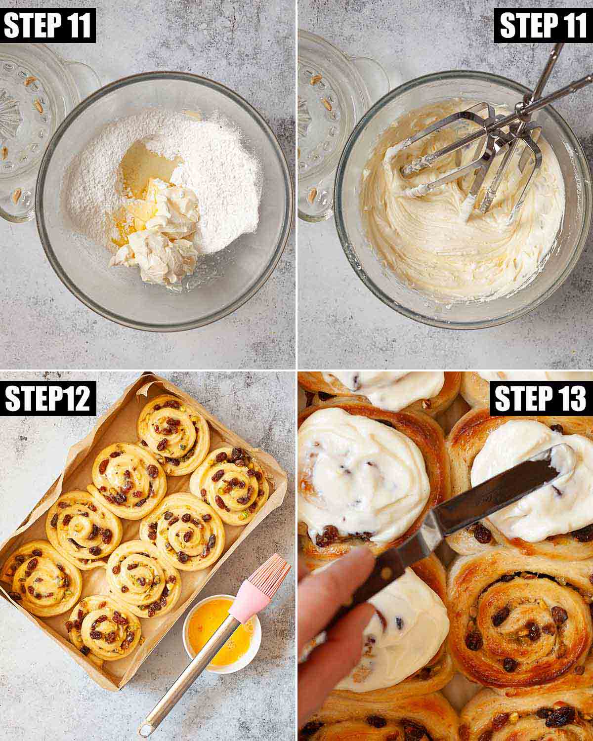 Collage of images showing lemon cream cheese frosting being made and spread on buns.