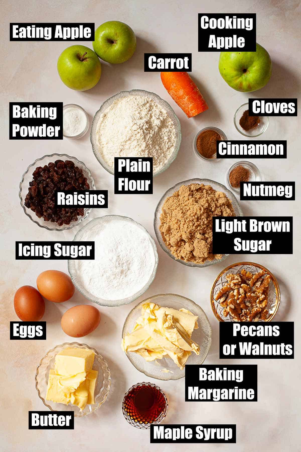 Labelled ingredients for a fruity cake.