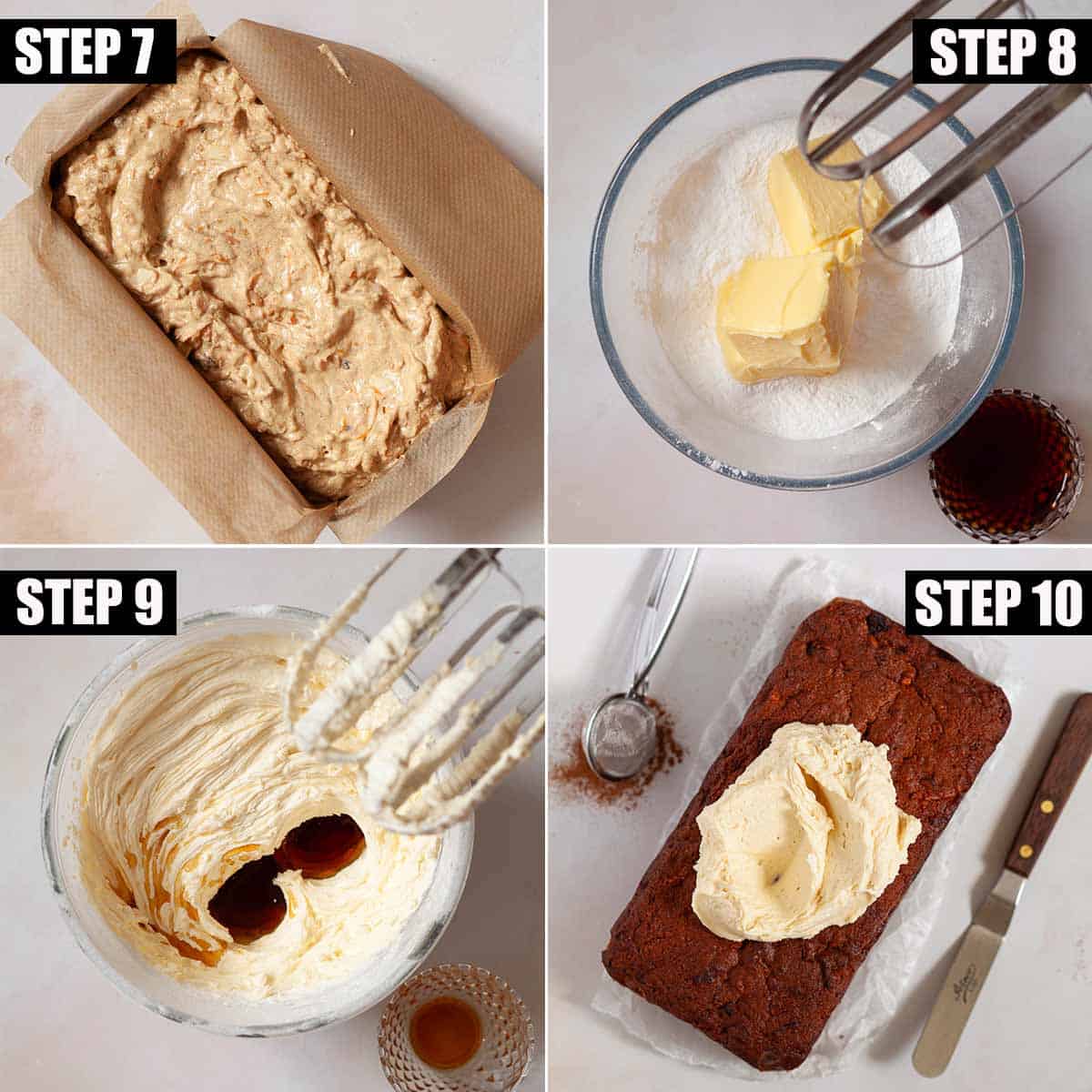 Collage of images showing cake batter in a tin and buttercream being made and used to top the cake.