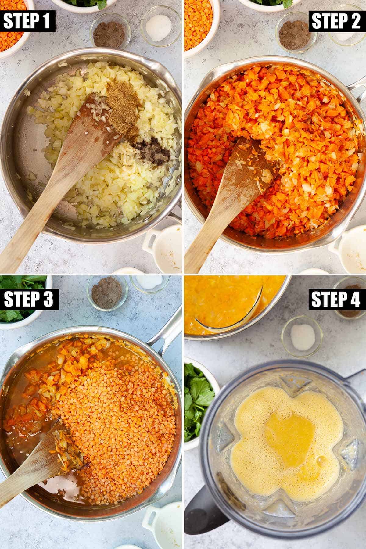 Collage of images showing vegetables being cooked and blended to make soup.