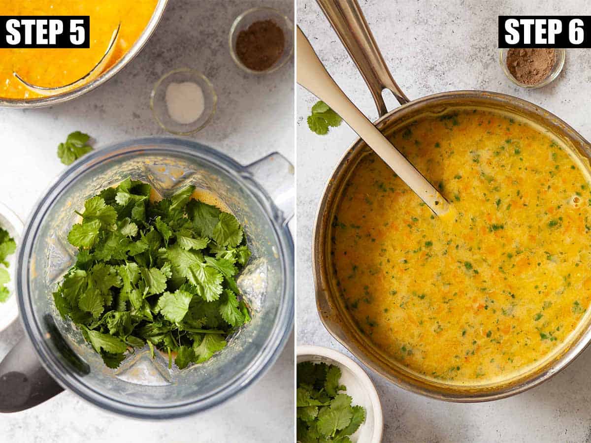 Collage of images showing fresh coriander being blended into soup.