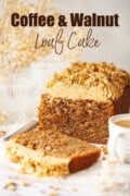 A partially sliced coffee and walnut loaf cake with text overlay.