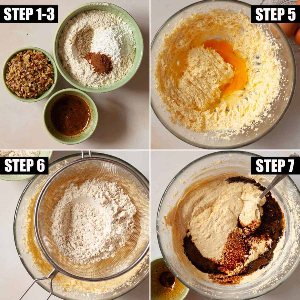 Collage of images showing cake batter being made.