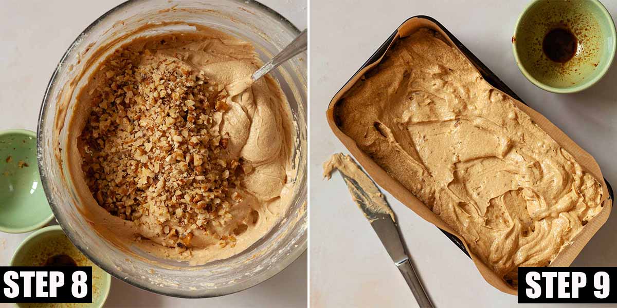 Collage of images showing batter for a coffee and walnut loaf cake being prepared.