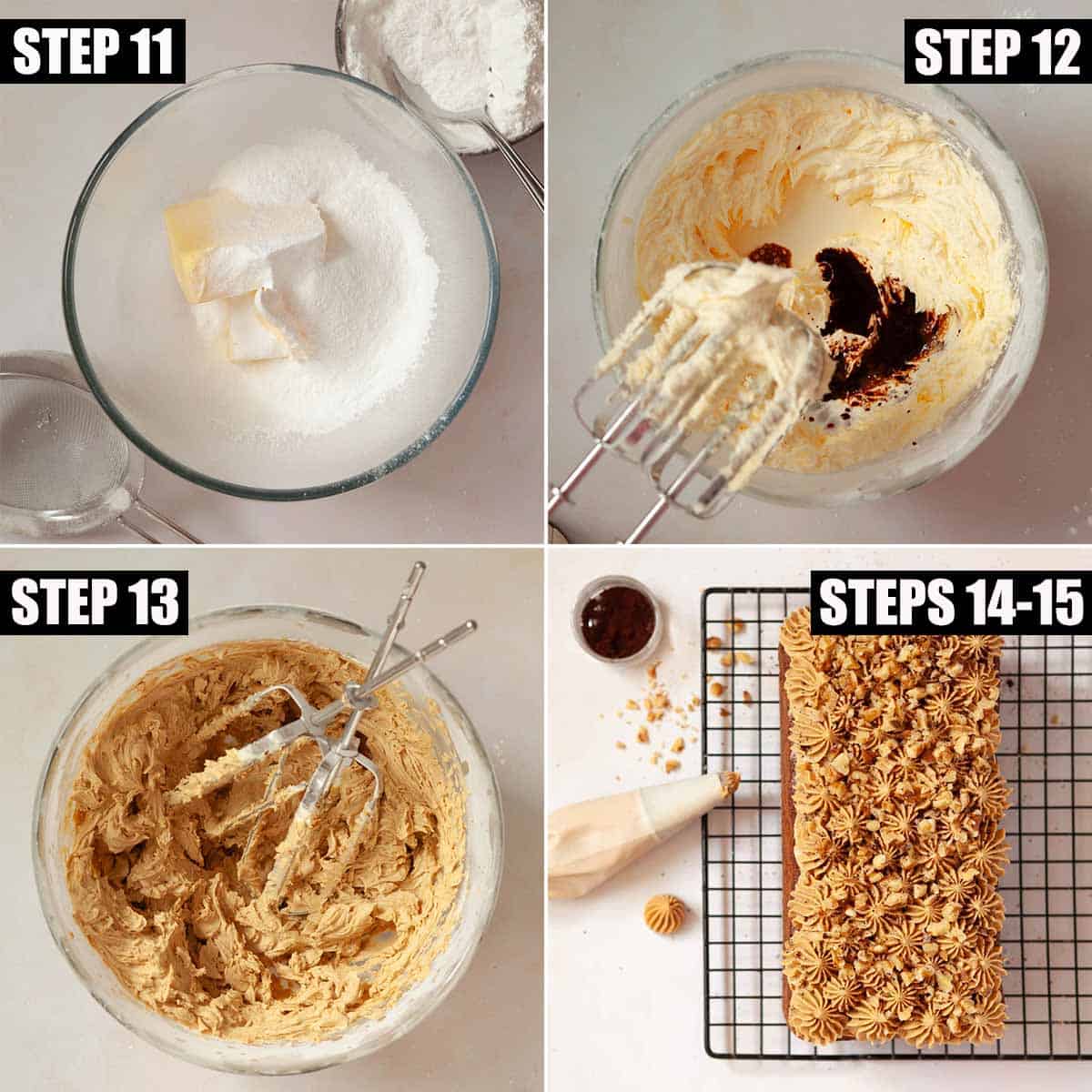 Collage of images showing buttercream being made and used to decorate a cake.