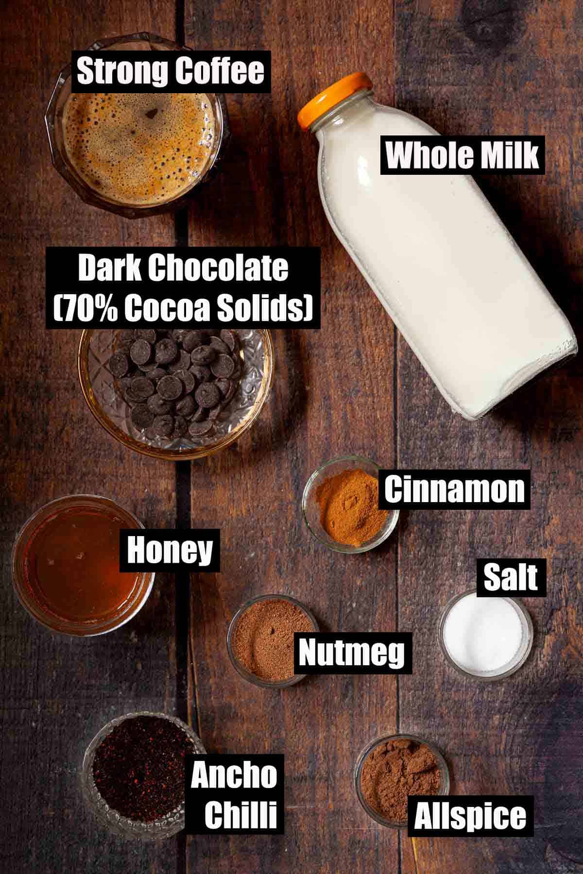 Labelled ingredients for a Mexican mocha drink.