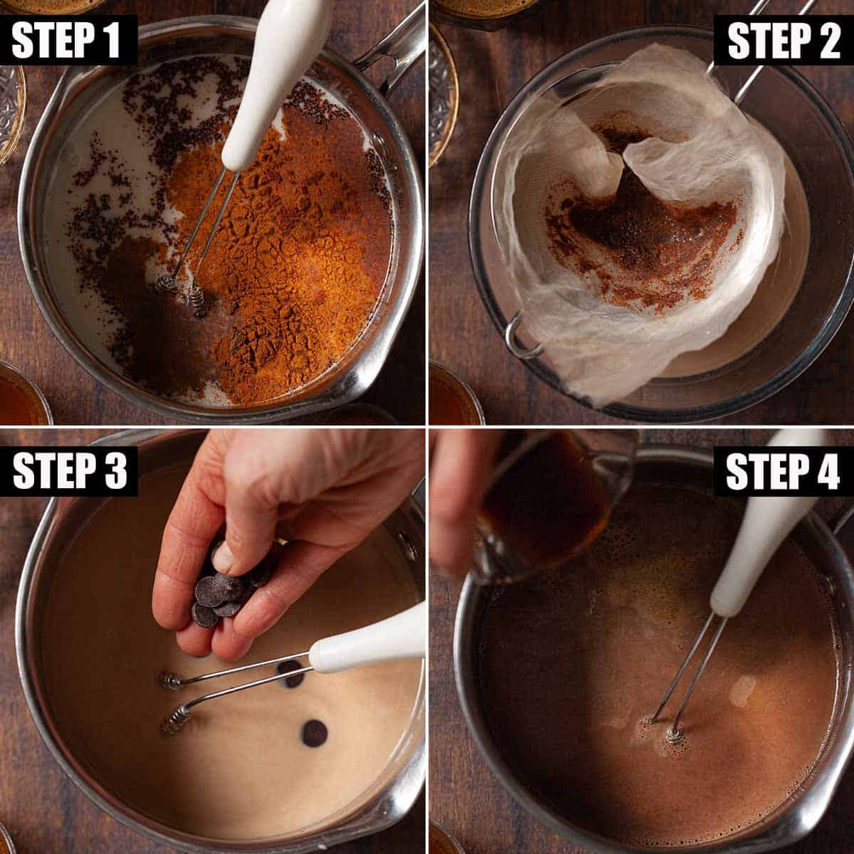 Collage of process images. for making a Mexican chocolate and coffee drink.