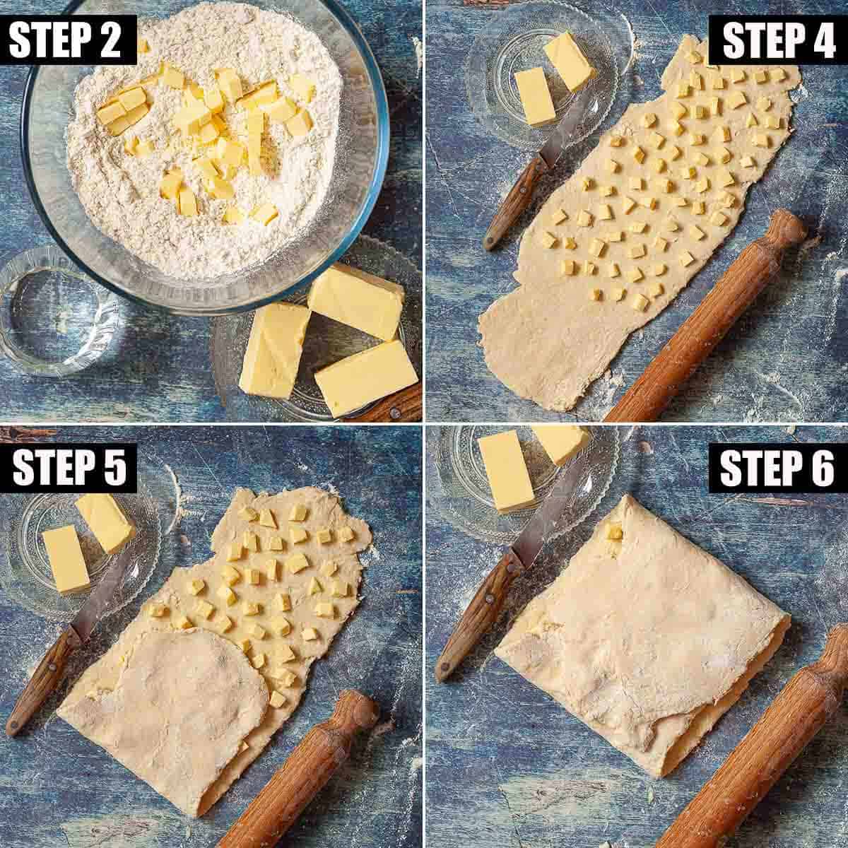 Collage of images showing puff pastry being made.