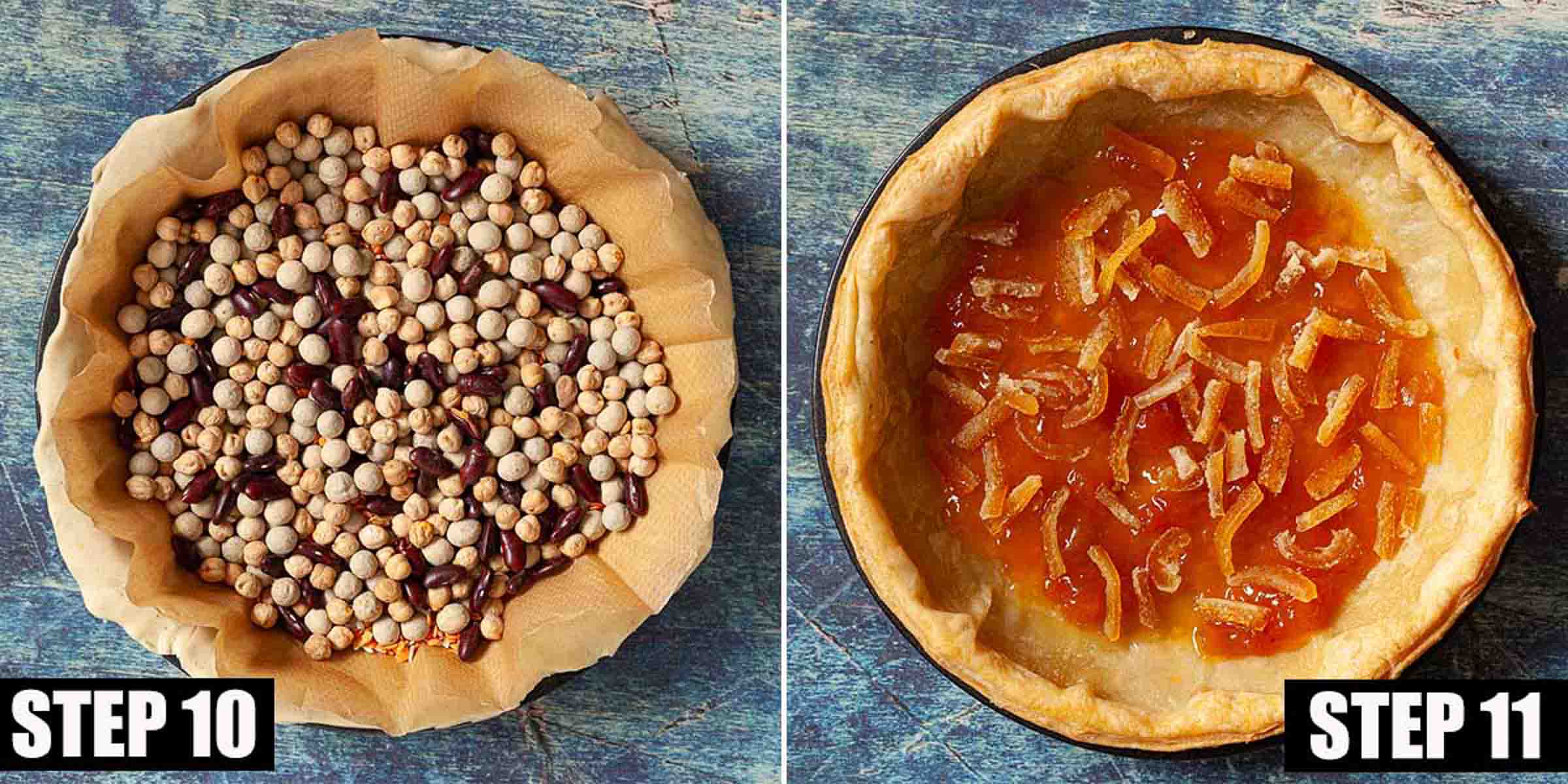 Collage of images showing a jam tart being blind baked and filled.