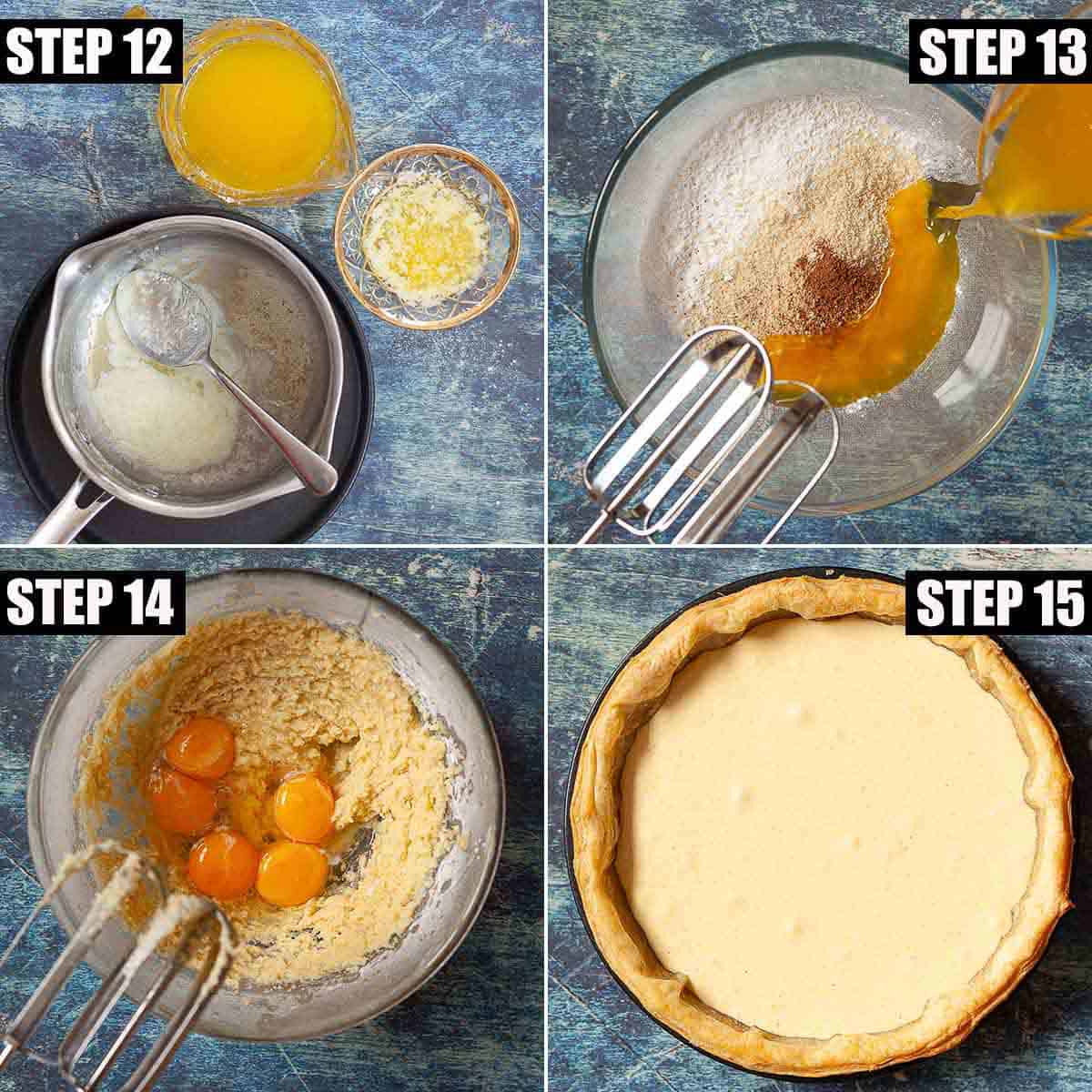 Collage of images showing a tart filling being made with clarified butter, eggs and almonds.