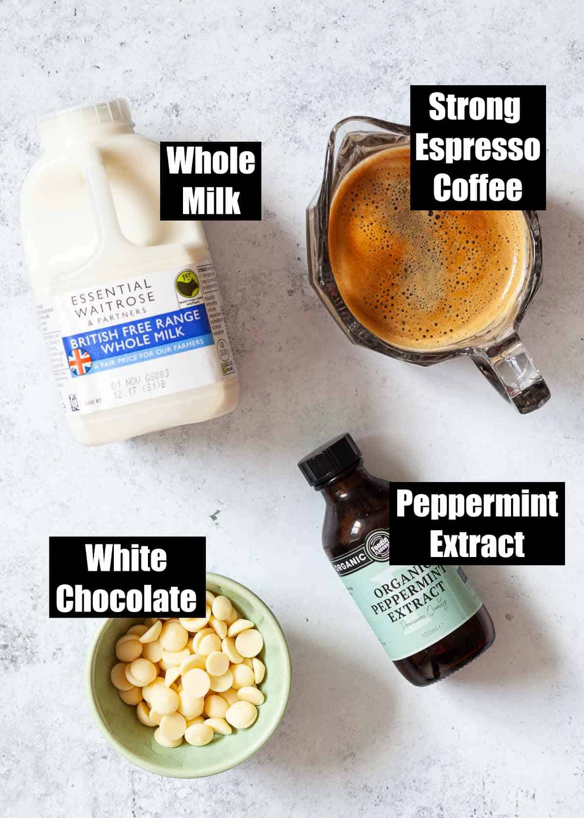 Ingredients for a coffee drink with text lebels.