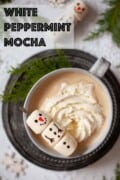 Labelled image of a mug of minty mocha with a marshmallow snowman and whipped cream on top.