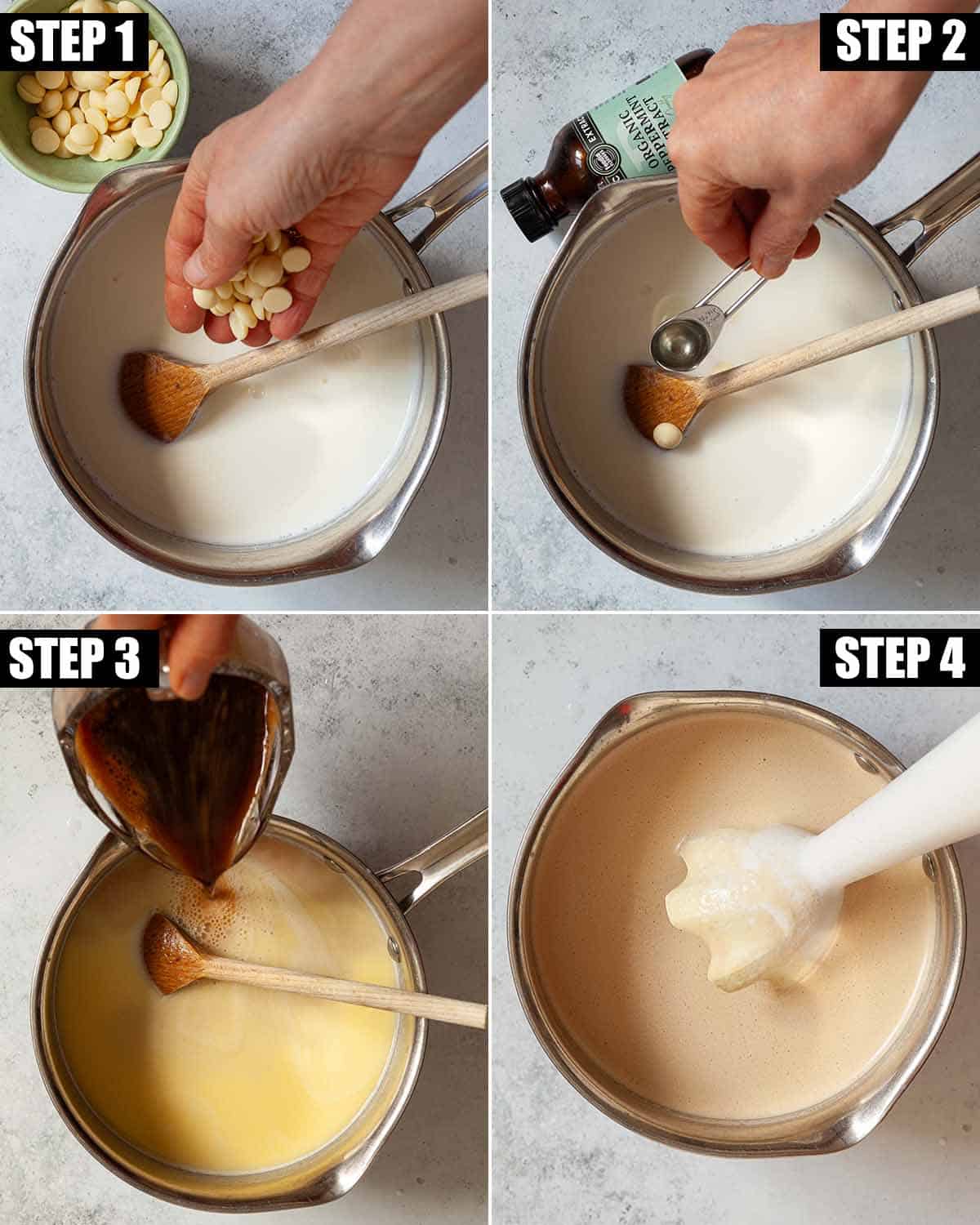 Collage of images showing a milky coffee drink being made.
