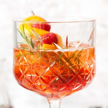 Close up of a winter spritz with sloe gin, Aperol and rosemary garnish.