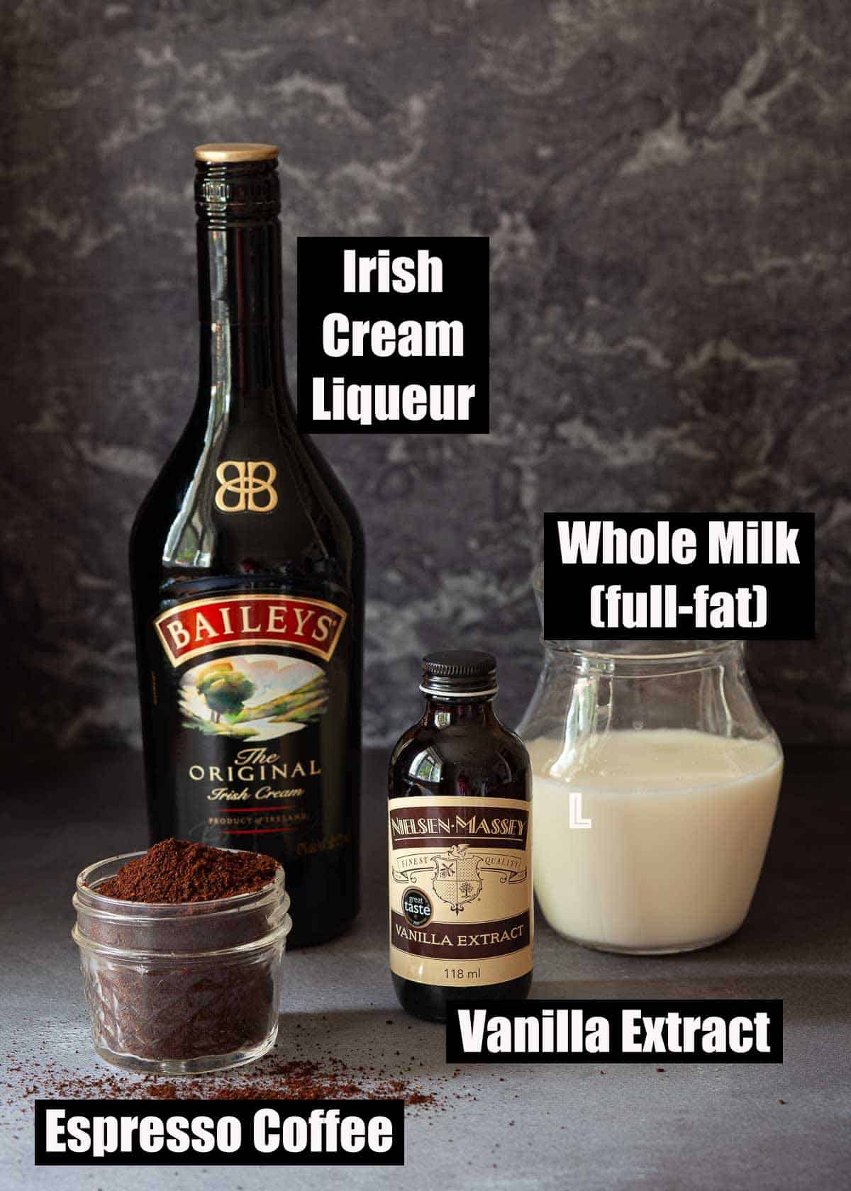 Labelled ingredients for a Baileys coffee drink.