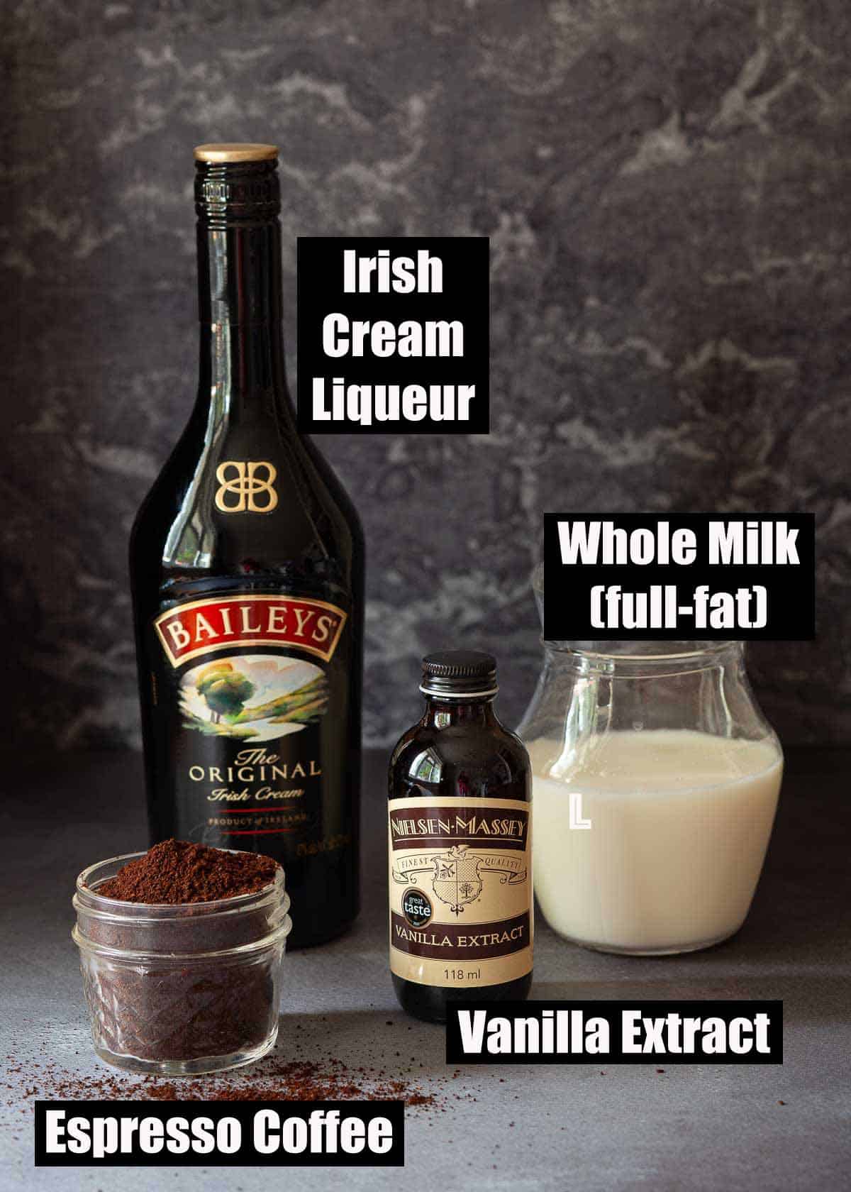 Labelled ingredients for a Baileys coffee drink.