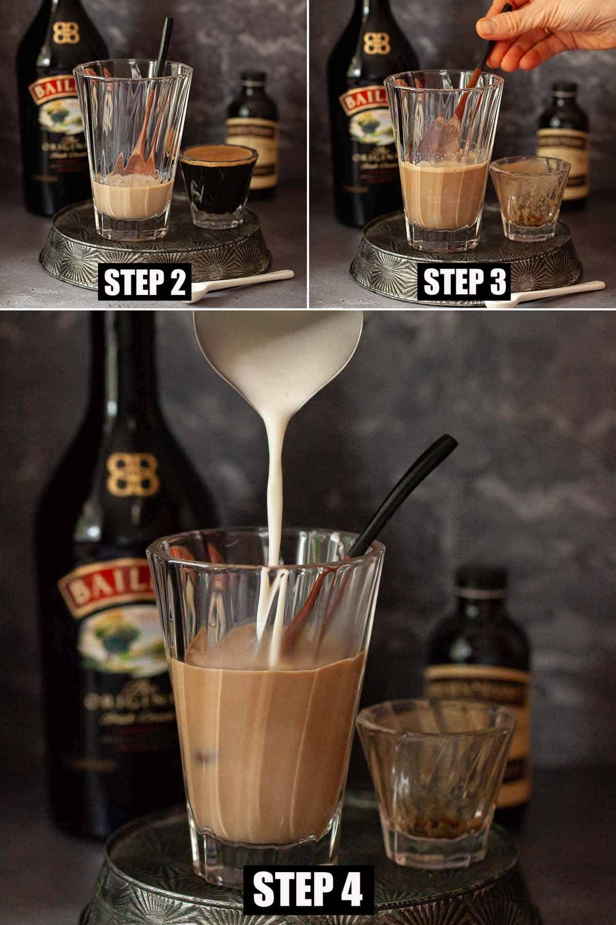 Collage of images showing an Irish latte being made.