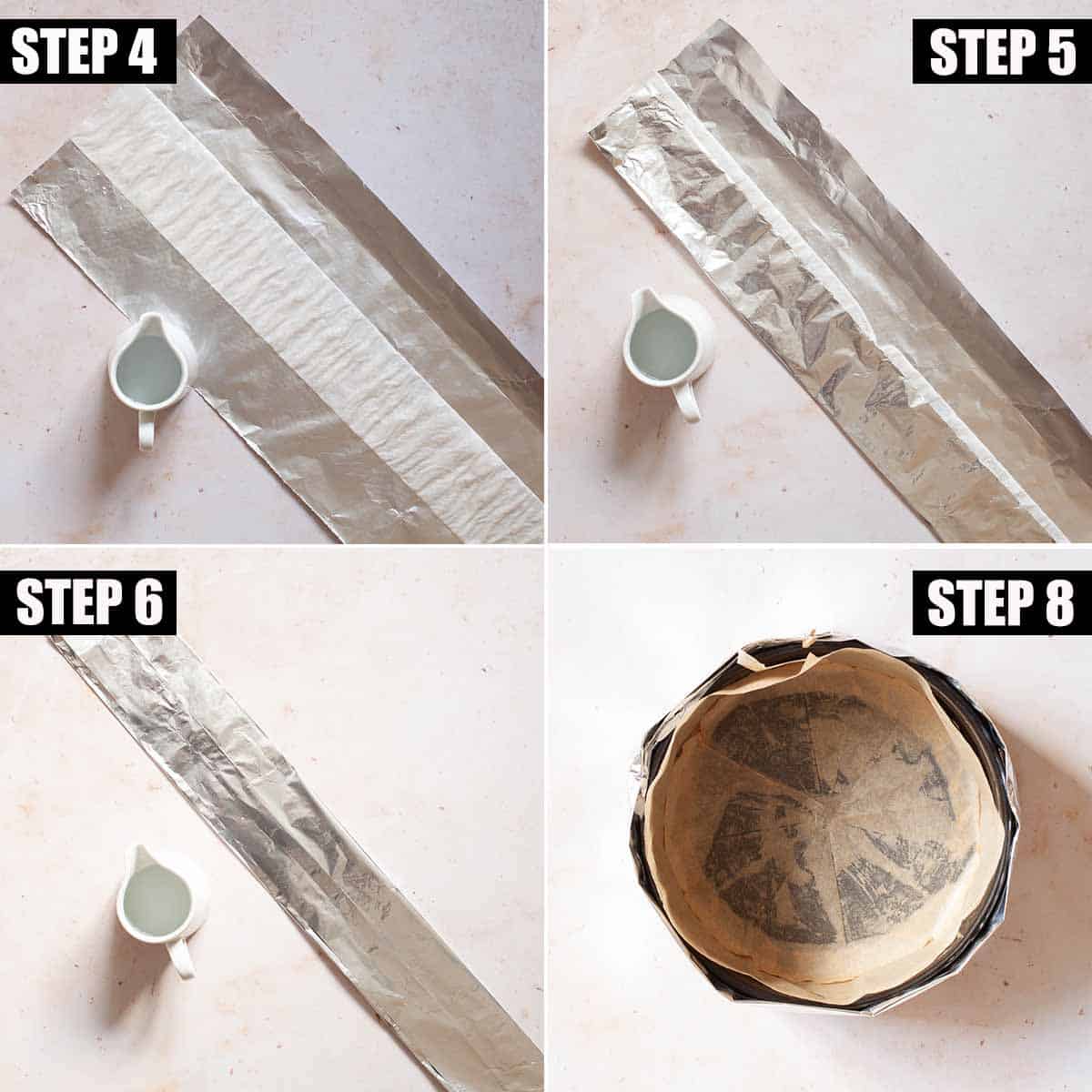 Collage of images showing a homemade baking strip being assembled.