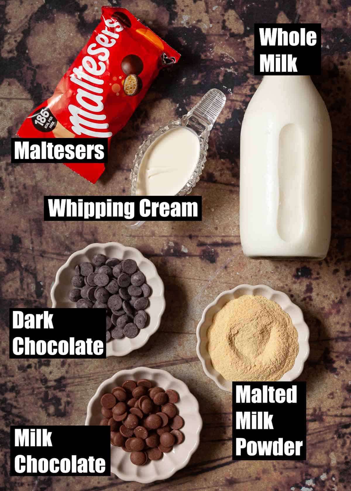 Labelled ingredients for a malteser hot chocolate