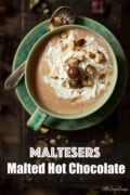 Labelled mug of Maltesers hot chocolate with whipped cream and crushed honeycomb chocolate garnish.