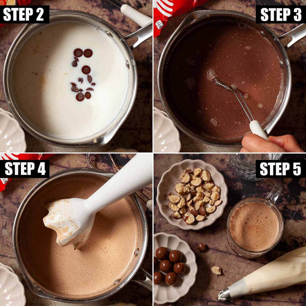 Collage of images showing a malted hot chocolate drink being made.