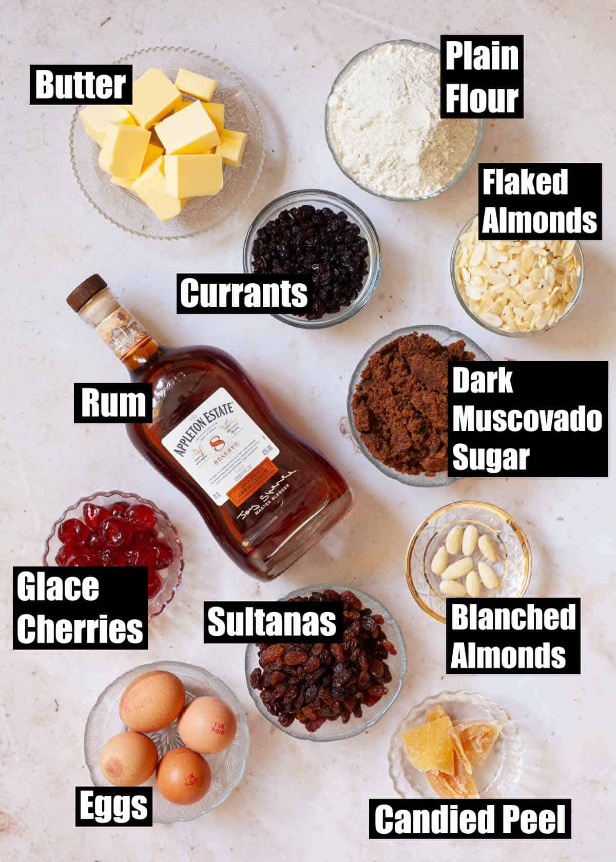 Labelled ingredients for a rum fruit cake.