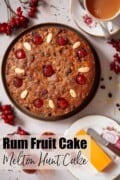 A whole rum fruit cake topped with cherries and almonds with text overlay.