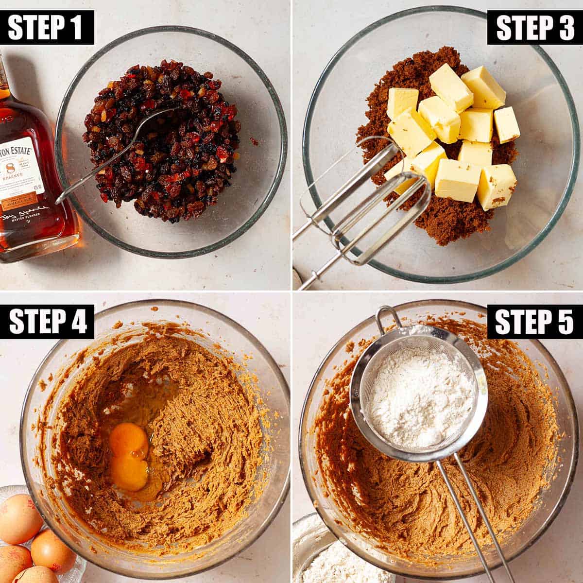 Collage of images showing an easy fruit cake being prepared.