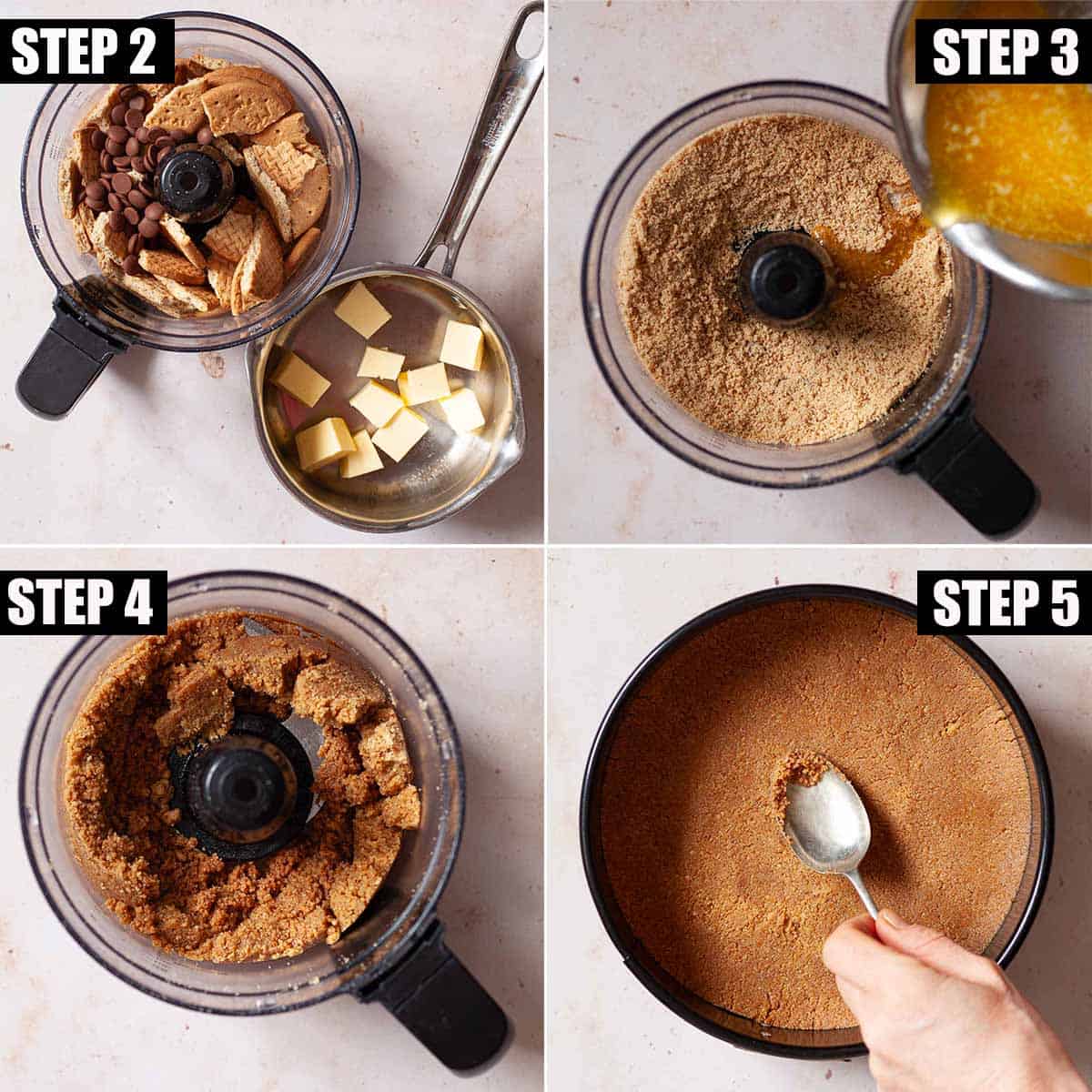 Collage of images showing a biscuit base for a dessert being prepared.