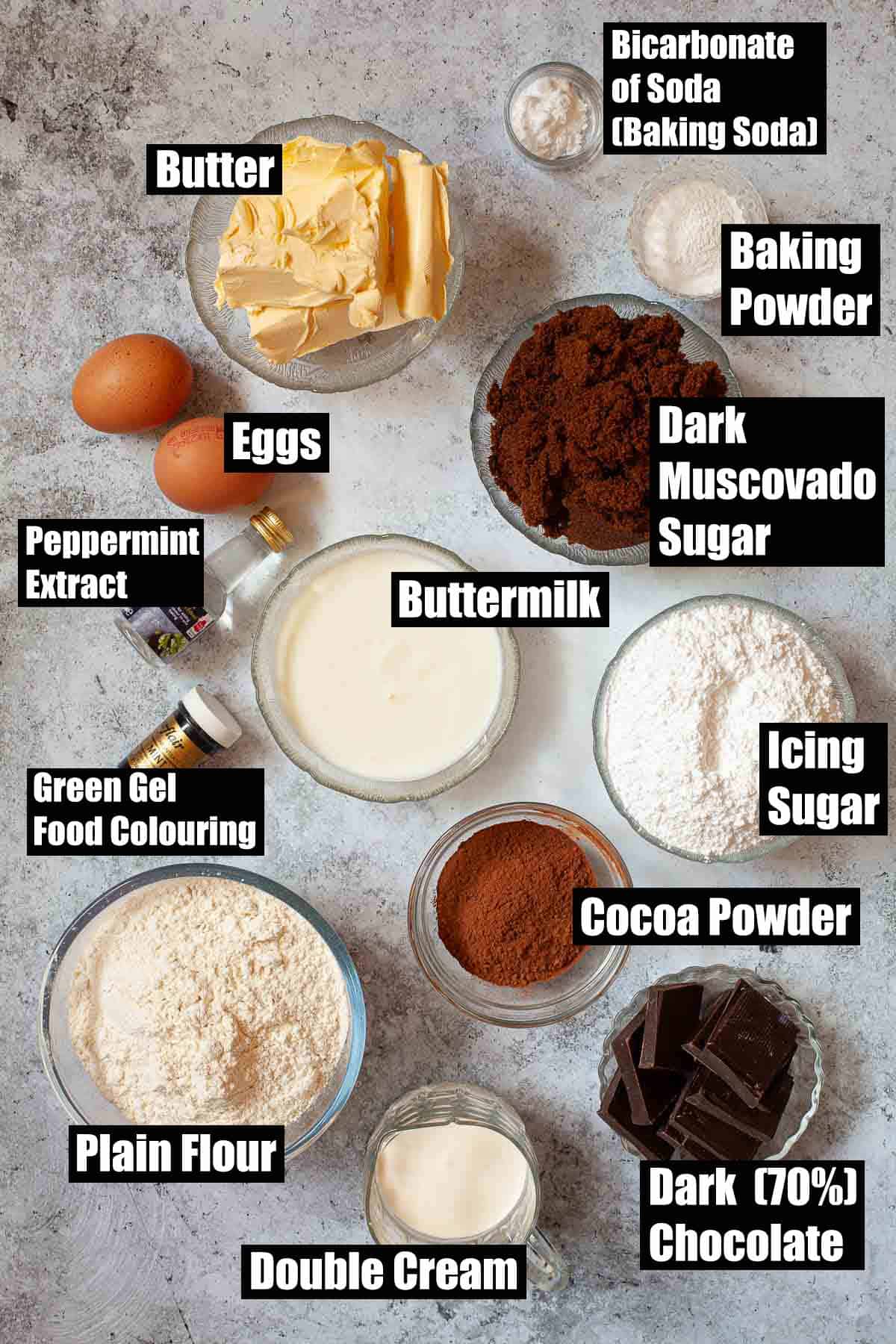 Ingredients for a fudgy chocolate cake with peppermint extract flavouring.